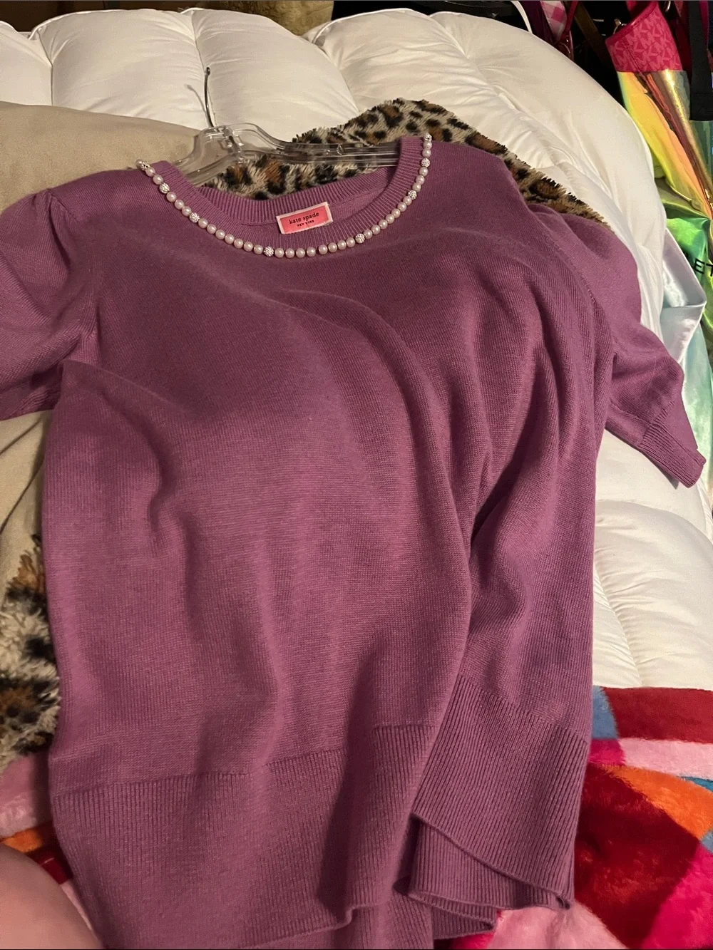 kate spade Pearl-Trim Short Sleeve Sweater -light purple